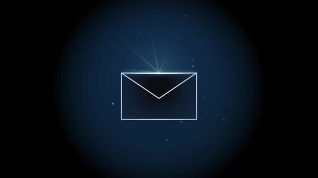 Digital envelope outline animation with glowing particles on dark blue background, a modern concept for communication and messaging services, clean graphic motion.