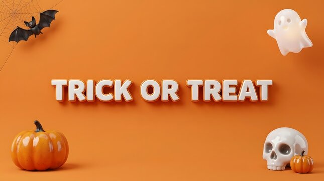 Halloween background featuring the text trick or treat with a pumpkin ghost bat and skull on orange surface