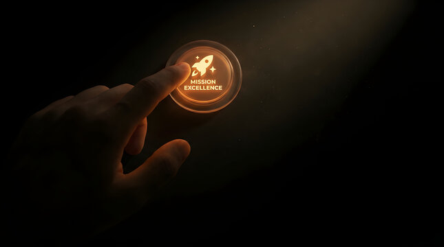 Human finger pressing glowing rocket button symbolizing success