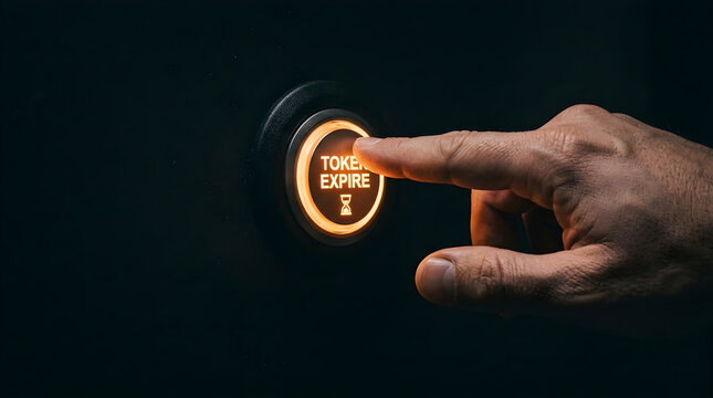 Human finger pressing glowing token expire button on dark background