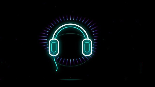 Neon headphones icon glowing with animated circular sound wave visualizer on black background featuring particles motion for music production and dj djing theme.
