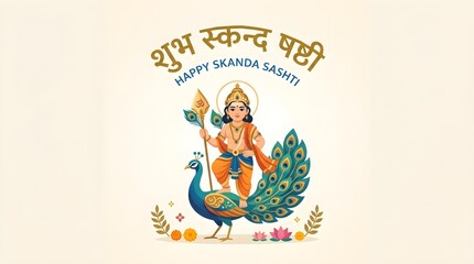 Fototapeta premium Skanda Sashti Vector Banner Illustration of Blue Lord Murugan on Peacock with Vel Spear, Bow, Arrow, and Sanskrit Typography