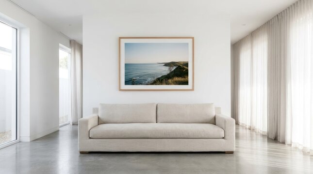 A minimalist living room with a white couch and a large framed painting of a coastal landscape.