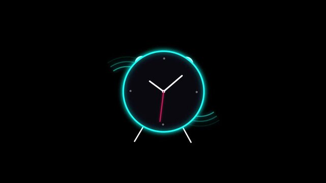 Neon glowing alarm clock with vibrating motion lines on black background featuring minimalist circular design and ticking red second hand for time management use.