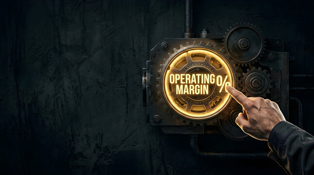 Human finger touching glowing operating margin symbol on industrial gear