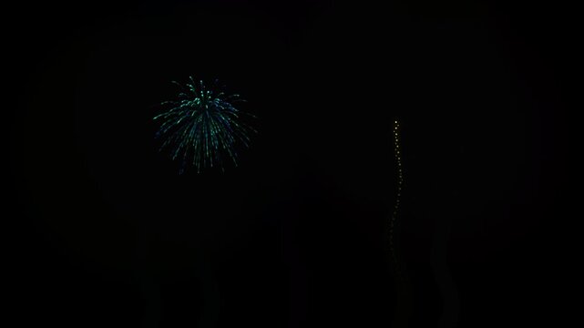 Colorful fireworks show exploding against black night sky background during holiday celebration event with vibrant sparks and glowing motion for festive footage.
