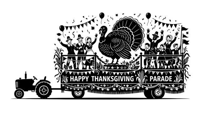 Thanksgiving parade float with turkey and pilgrims, isolated on white background
