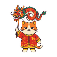 Fototapeta premium Cute cat with Chinese dragon puppet, isolated