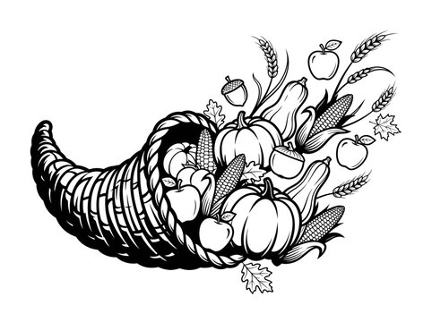 Cornucopia overflowing with pumpkins, gourds, and autumn harvest symbols in a detailed black and white illustration.