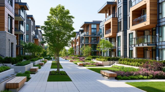 Modern condominium complex with manicured landscaping and tree-lined walkway under bright daylight