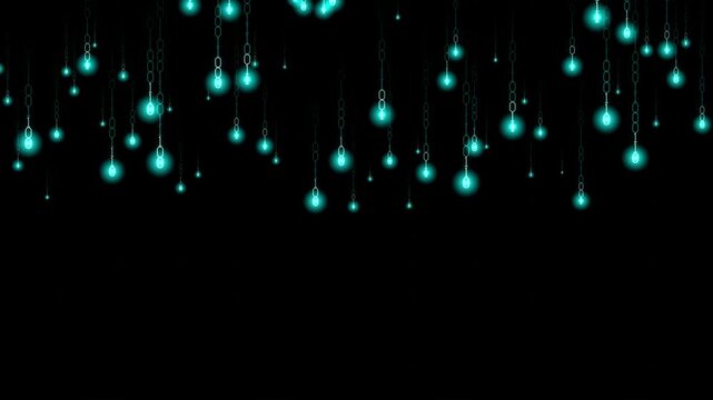 Neon cyan glowing light spheres hanging from metal chains moving slowly against dark black background seamless loop animation for futuristic digital wall display.