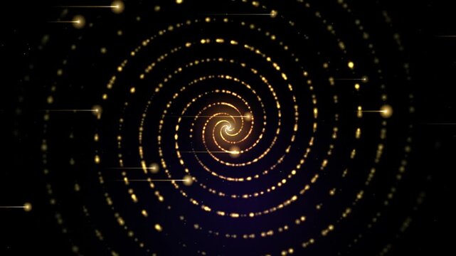 Golden spiral pattern composed of glowing light particles rotating against dark background in dynamic abstract animation for digital motion graphic visual effect.