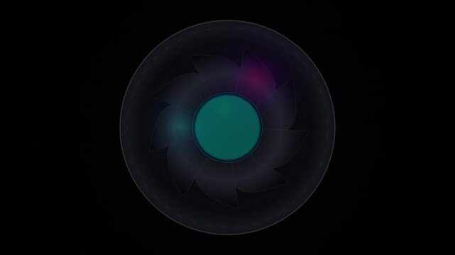 Abstract camera shutter closing motion loop dynamic lens iris mechanism aperture transition effect against black background digital visual art graphic element.