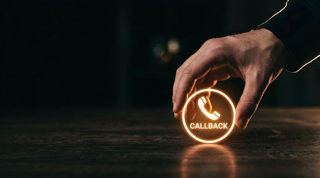 Human hand placing glowing callback phone icon on dark wooden surface background
