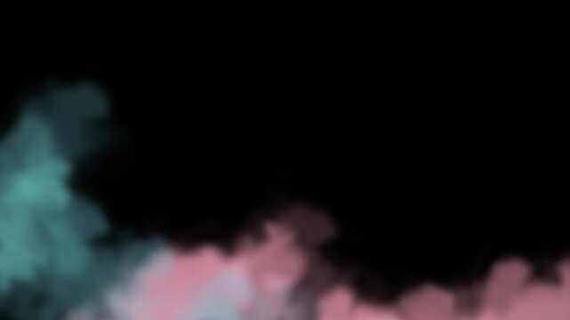 Smoke in pink and cyan colors rises against a black background.
