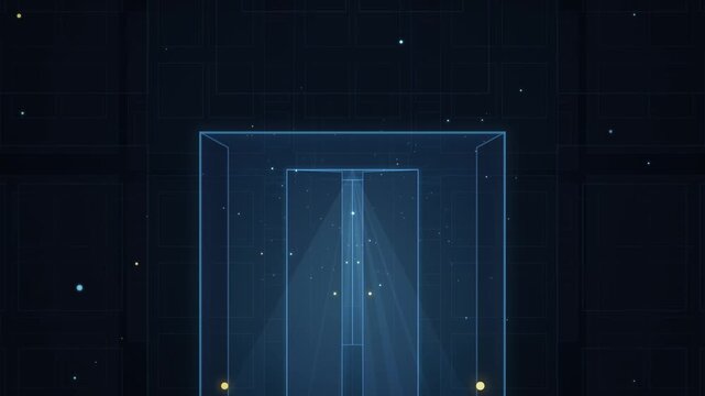 Futuristic digital gateway with glowing blue lines and floating particles against dark grid background for technology concept loop video motion graphics element.