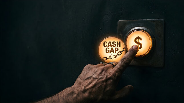 Human hand pressing glowing button overcoming financial cash gap constraints