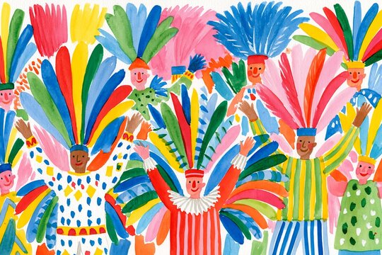 Colorful Circus Performers, Celebratory Parade Scene with Vibrant Costumes and Festive Accessories