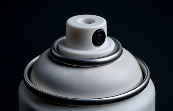 Detailed macro close up of white aerosol spray can nozzle and cap on dark background. Packaging design, graffiti paint, lubricant, and cosmetic container concept.