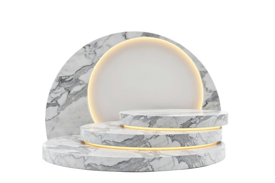 Three tiered marble display pedestal with circular backplate and glowing warm led lighting accents isolated on a transparent background