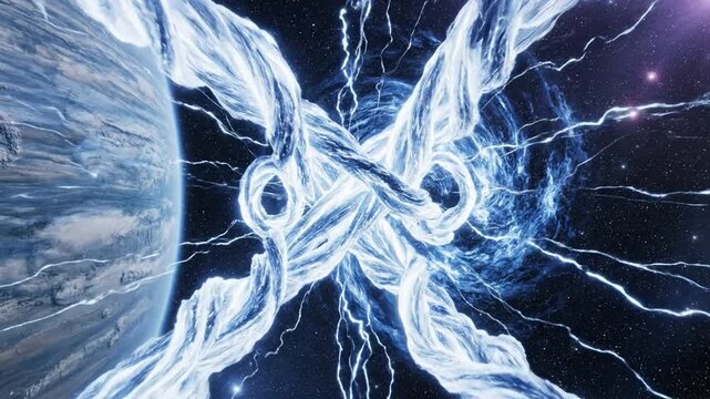 Cosmic Infinity Portal with Glowing Energy Beams and Electric Plasma Arcs in Deep Space Near Planet Sci-Fi Background