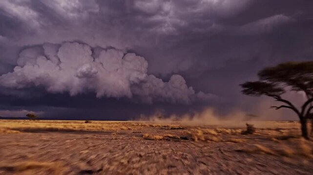 Dramatic Storm Clouds Over African Savanna Landscape with Acacia Trees and Golden Grass