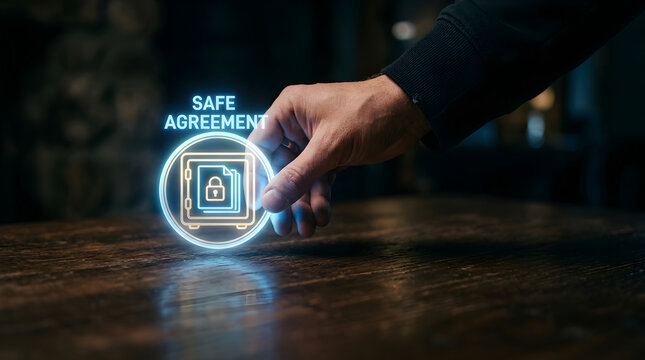 Person interacting with glowing digital safe agreement icon on wooden table