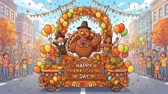 Thanksgiving parade float with a turkey, pilgrim, and native american figures, decorated with autumn leaves, pumpkins, and colorful balloons