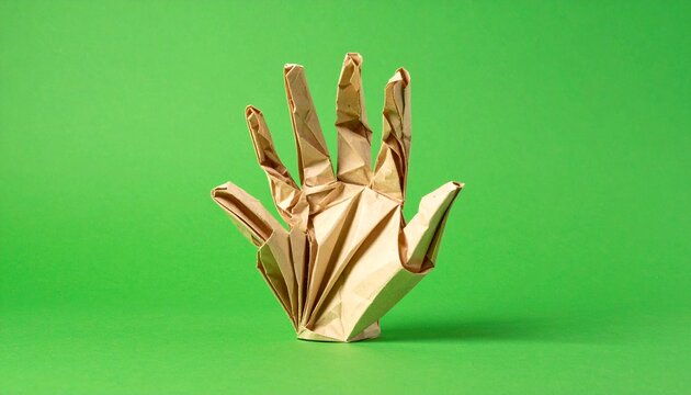 Origami paper hand sculpture with extended fingers on a vibrant green background