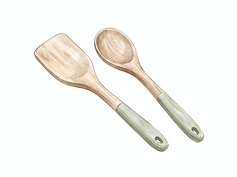 Wooden spatula and spoon with light green handles for kitchen cooking tasks. Ideal for food blogs and recipe websites.