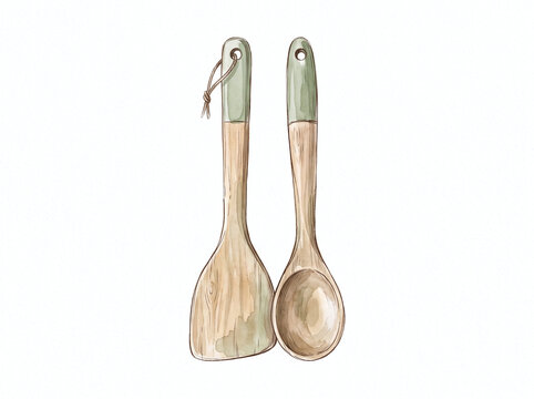 Wooden kitchen utensils with green accents and wood grain texture. Ideal for kitchenware designs, recipe cards, cooking blogs, and foodrelated content.