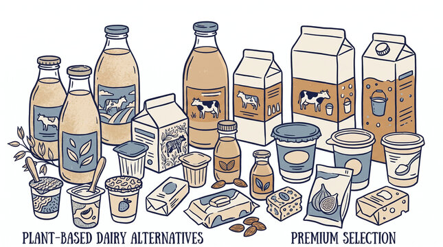 Variety of dairy alternative products such as milk, yogurt, cheese, butter in bottles, cartons, cups, containers. Vegan grocery concept.