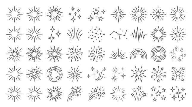Hand drawn doodle line sparkle and burst effect set