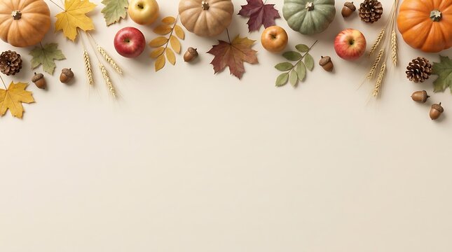 Flat lay composition of autumn harvest featuring pumpkins apples pinecones and colorful fall leaves arranged on a neutral beige background with copy space area