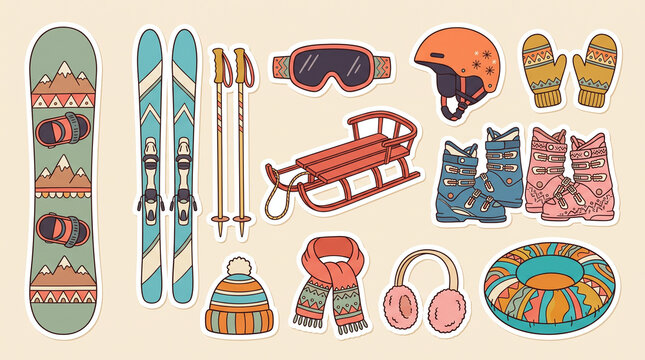 Winter sports gear and accessories for snowboarding and skiing, including boots, goggles, helmet, poles, mittens, scarf, hat, sled.