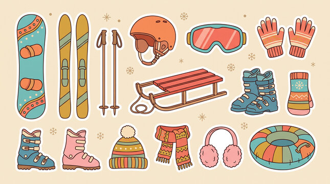 Winter sports equipment and accessories for snowboarding, including skis, helmet, goggles, gloves, boots, mittens, hat, scarf, earmuffs, and snowtube. Perfect for outdoor winter activities.