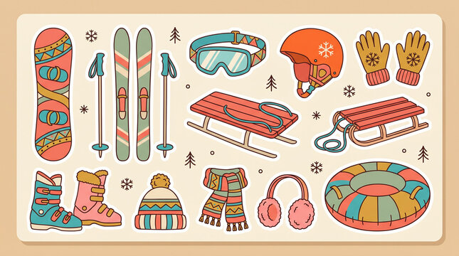 Snowboard skis poles goggles helmet gloves sleds boots hat scarf earmuffs tube. Perfect for winter sports or outdoor gear concepts.