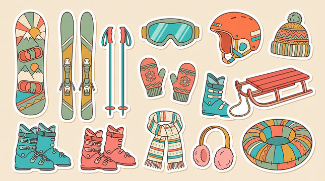 Winter sports and outdoor activities gear including snowboard, skis, poles, goggles, helmet, mittens, boots, sled, scarf, earmuffs, and tube. Suitable for winter recreation design projects.