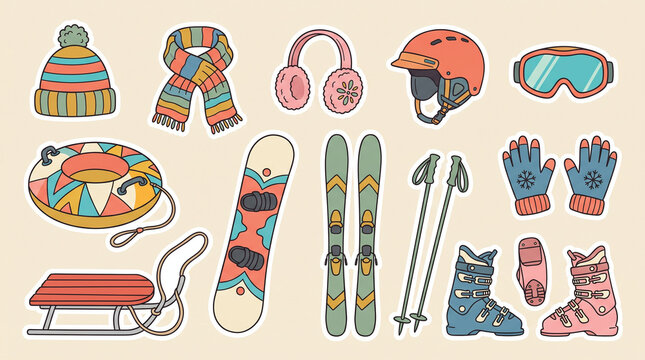 Winter sports gear hat, scarf, earmuffs, helmet, goggles, snowboard, skis. Perfect for showcasing winter sports equipment and accessories.