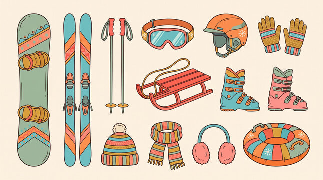 Winter sports equipment collection for snowboarding and skiing. Perfect for outdoor sports, winter activities, sports gear websites, and retail promotions.