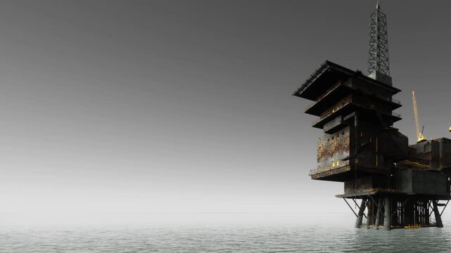 An oil drilling platform is located in the water. The structure shows signs of age and wear. The sky is gray and merges with the water in the distance. It is a quiet scene with no people.
