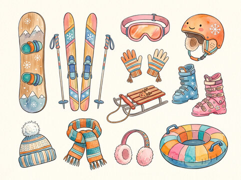 Winter sports gear outfit  snowboard skis poles goggles helmet gloves sled boots hat scarf earmuffs tube. Suitable for outdoor adventure activities.