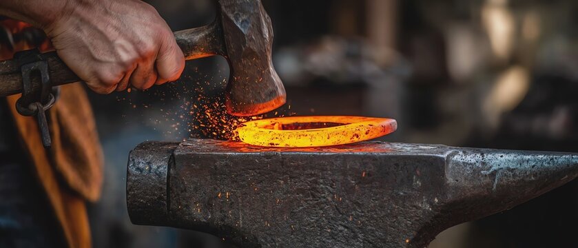 Blacksmith forging a glowing metal horseshoe.