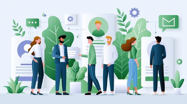 Diverse professionals interacting with digital profiles and data in a modern office setting with flat design elements