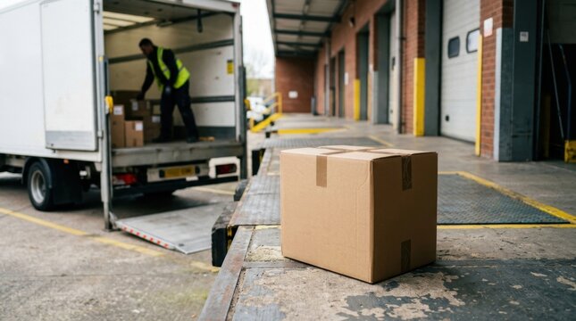 Cardboard box on warehouse loading bay with delivery truck and worker in the background