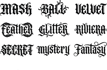 Fototapeta premium Nine mysterious and fantasy related words in black gothic calligraphy font with decorative flourishes on a plain white background