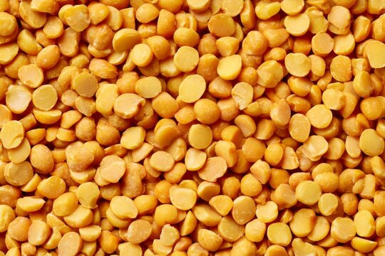 Dried yellow split peas spread out on a flat surface showing their round shapes and yellow color