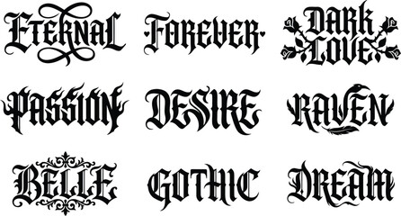 Obraz premium Gothic themed words collection featuring dark romantic concepts like eternal forever dark love passion desire raven belle gothic dream text
