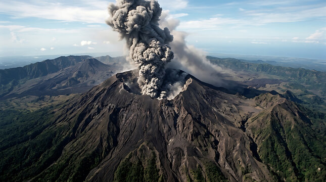 Aerial View of a Volcanic Eruption Spewing Ash and Smoke into the Sky for Environmental and Disaster Reporting