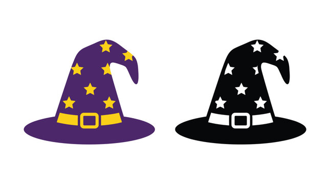Purple and black wizard hats featuring golden star patterns in a professional flat vector graphic design